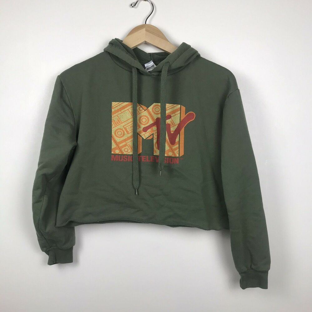 MTV Music Television Cropped Hoodie XS Olive Green Long‎ Sleeve Roll Hem Womens